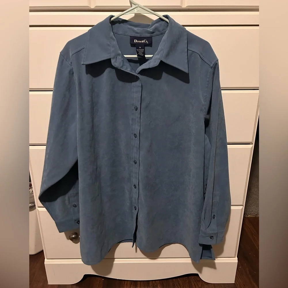 Denim&Co Classic Blue Faux Suede Button Down Shirt - Picture 1 of 4